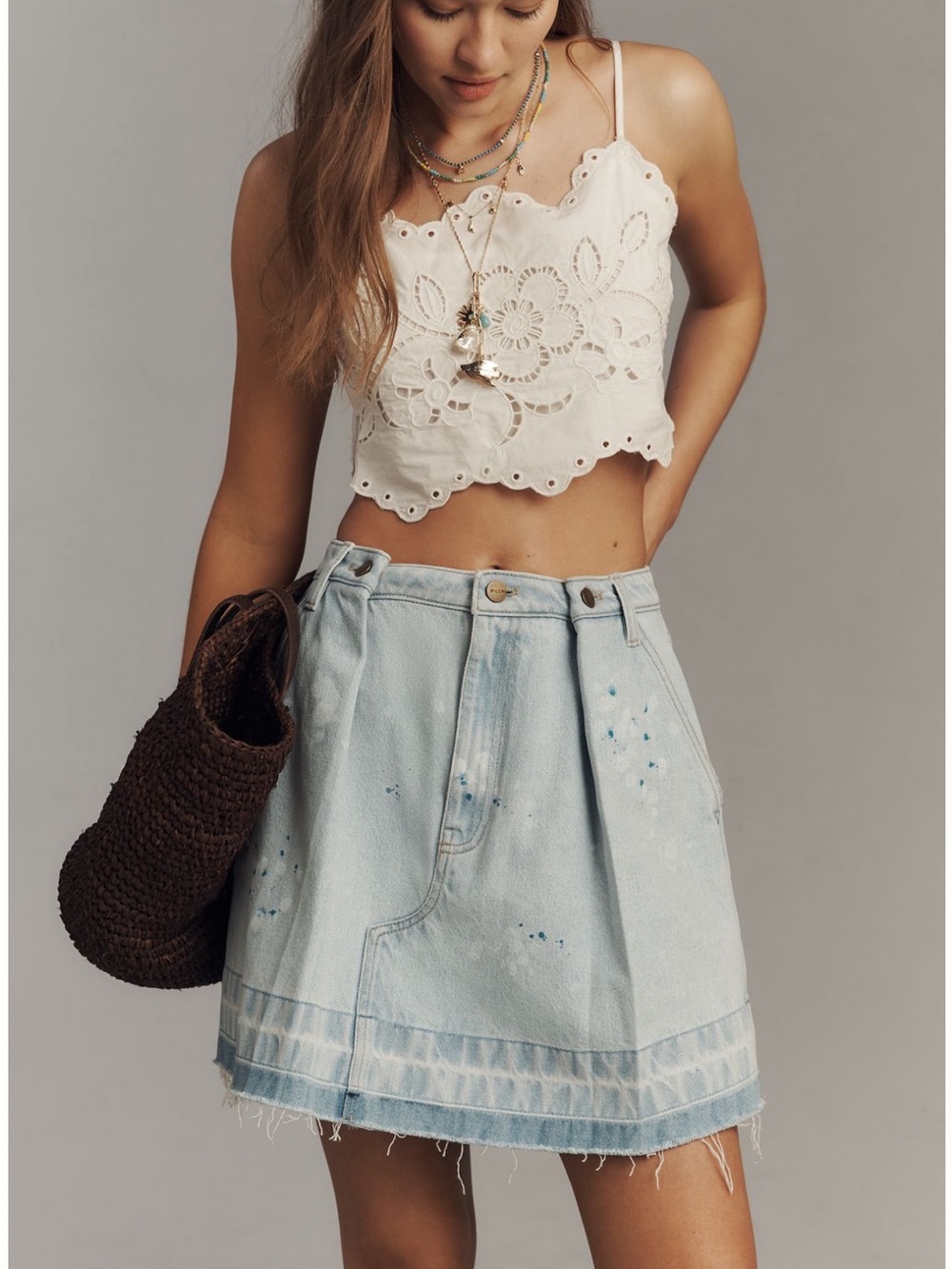 Pilcro Light Blue Denim Mini Skirt with Subtle Paint Detail